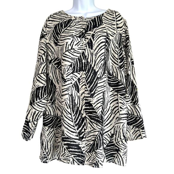 Cynthia‎ Rowley Womens Linen Button Up Tunic White Black Leaves Size 1X Beachy - Picture 1 of 6